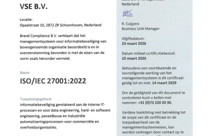  VSE behaalt ISO 27001-certificaat